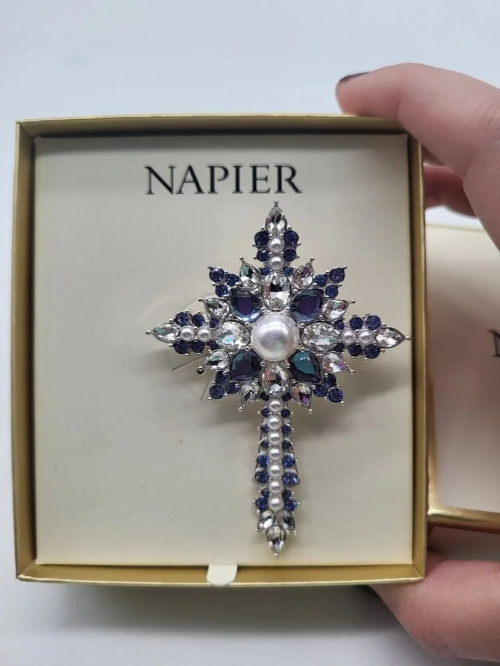 NAPIER Silver Tone 3D Cross Brooch Rhinestones Faux Pearls Blue Clear Religious